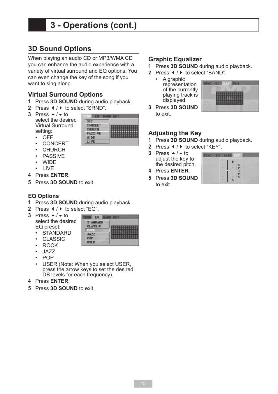 3d sound options, 3 - operations (cont.) | GoVideo D640 User Manual | Page 15 / 26