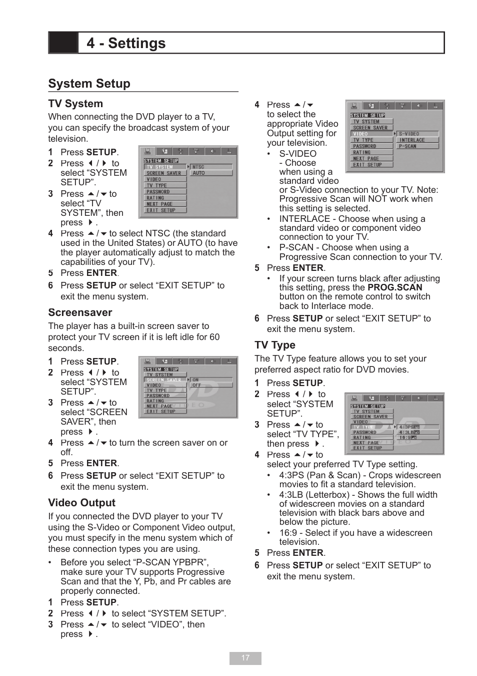 4 - settings, System setup | GoVideo D640 User Manual | Page 17 / 26