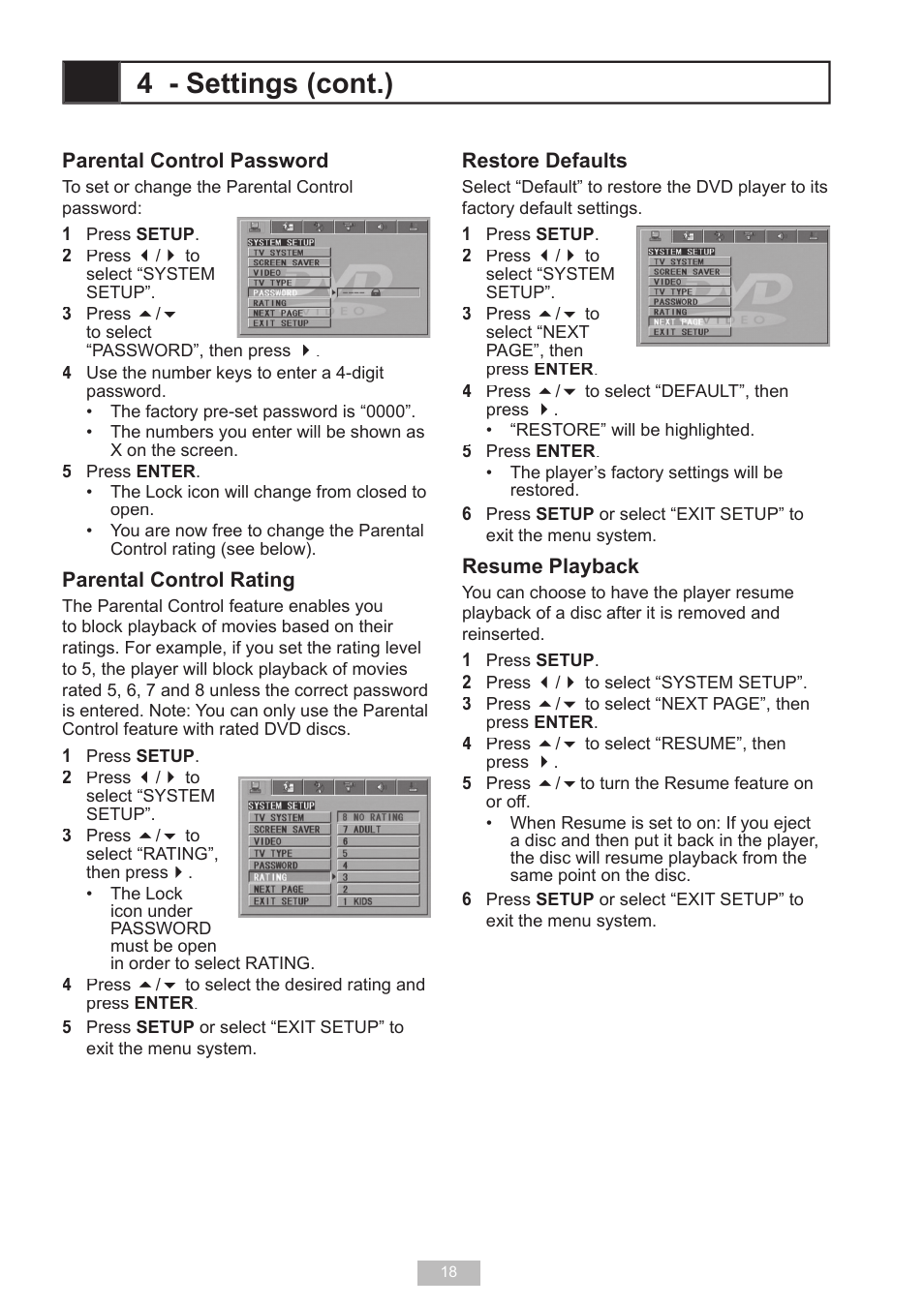 4 - settings (cont.) | GoVideo D640 User Manual | Page 18 / 26