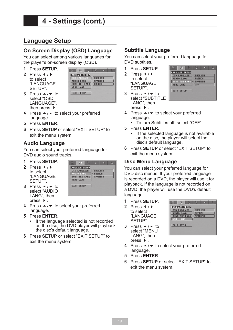 Language setup, 4 - settings (cont.) | GoVideo D640 User Manual | Page 19 / 26