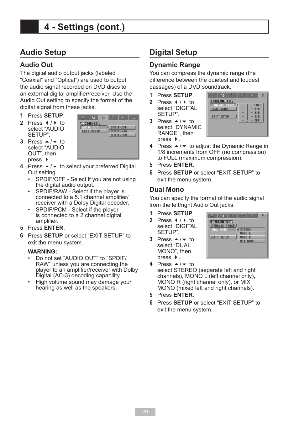 Audio setup, Digital setup, 4 - settings (cont.) | GoVideo D640 User Manual | Page 20 / 26