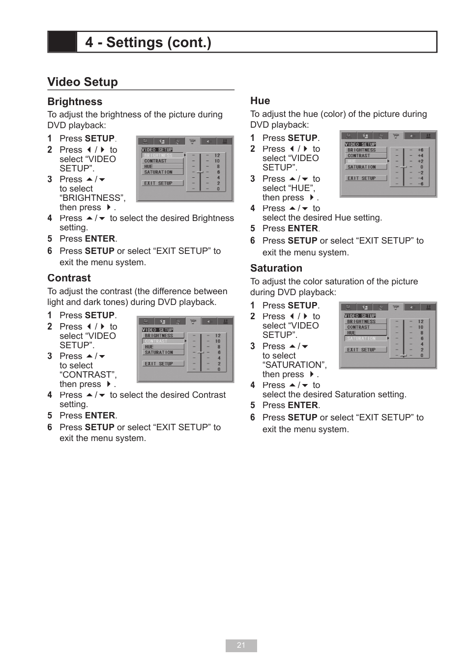 Video setup, 4 - settings (cont.) | GoVideo D640 User Manual | Page 21 / 26