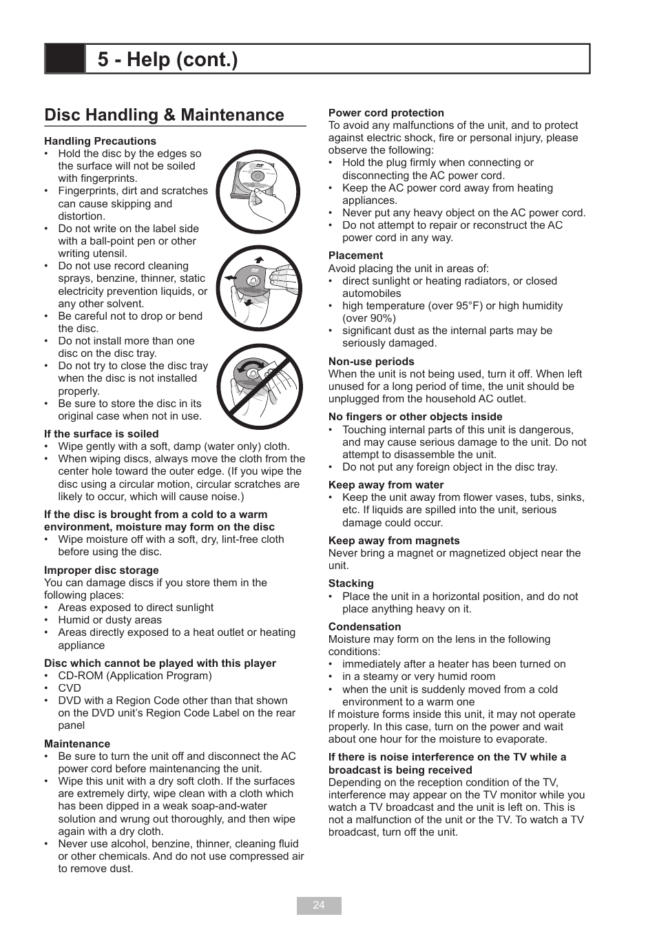 Disc handling & maintenance, 5 - help (cont.) | GoVideo D640 User Manual | Page 24 / 26