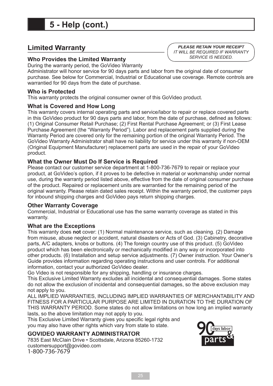 Limited warranty, 5 - help (cont.) | GoVideo D640 User Manual | Page 25 / 26