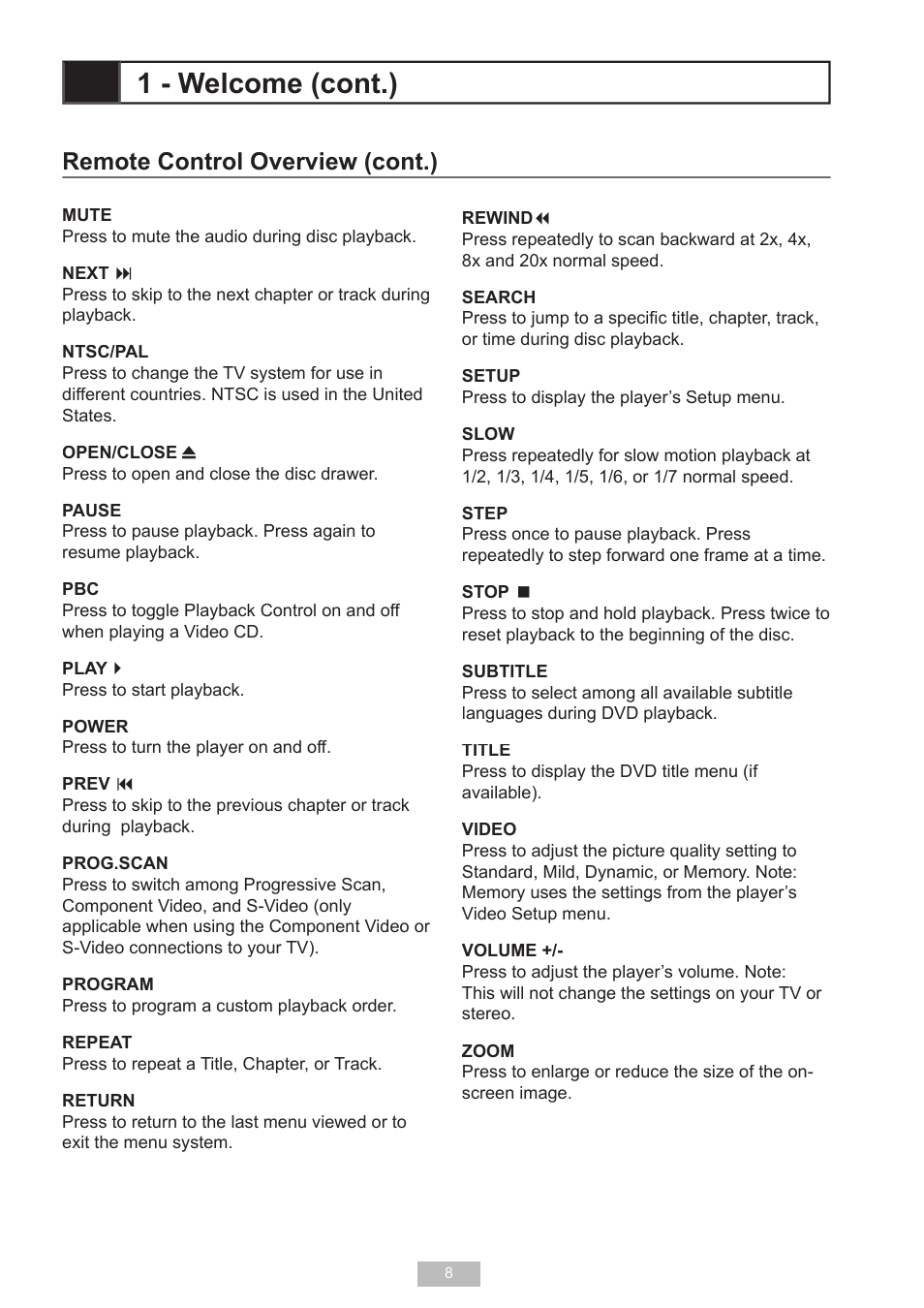 1 - welcome (cont.), Remote control overview (cont.) | GoVideo D640 User Manual | Page 8 / 26