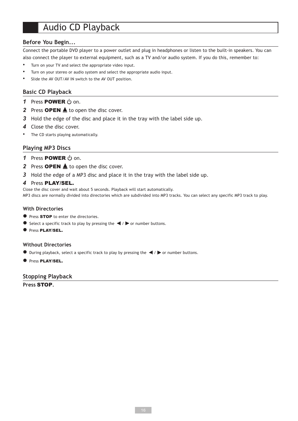 Audio cd playback | GoVideo DP5030 User Manual | Page 16 / 28