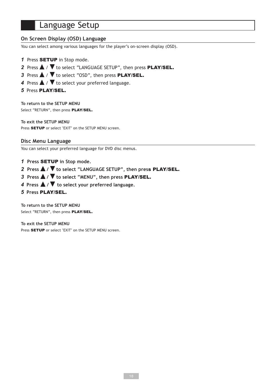 Language setup | GoVideo DP5030 User Manual | Page 18 / 28