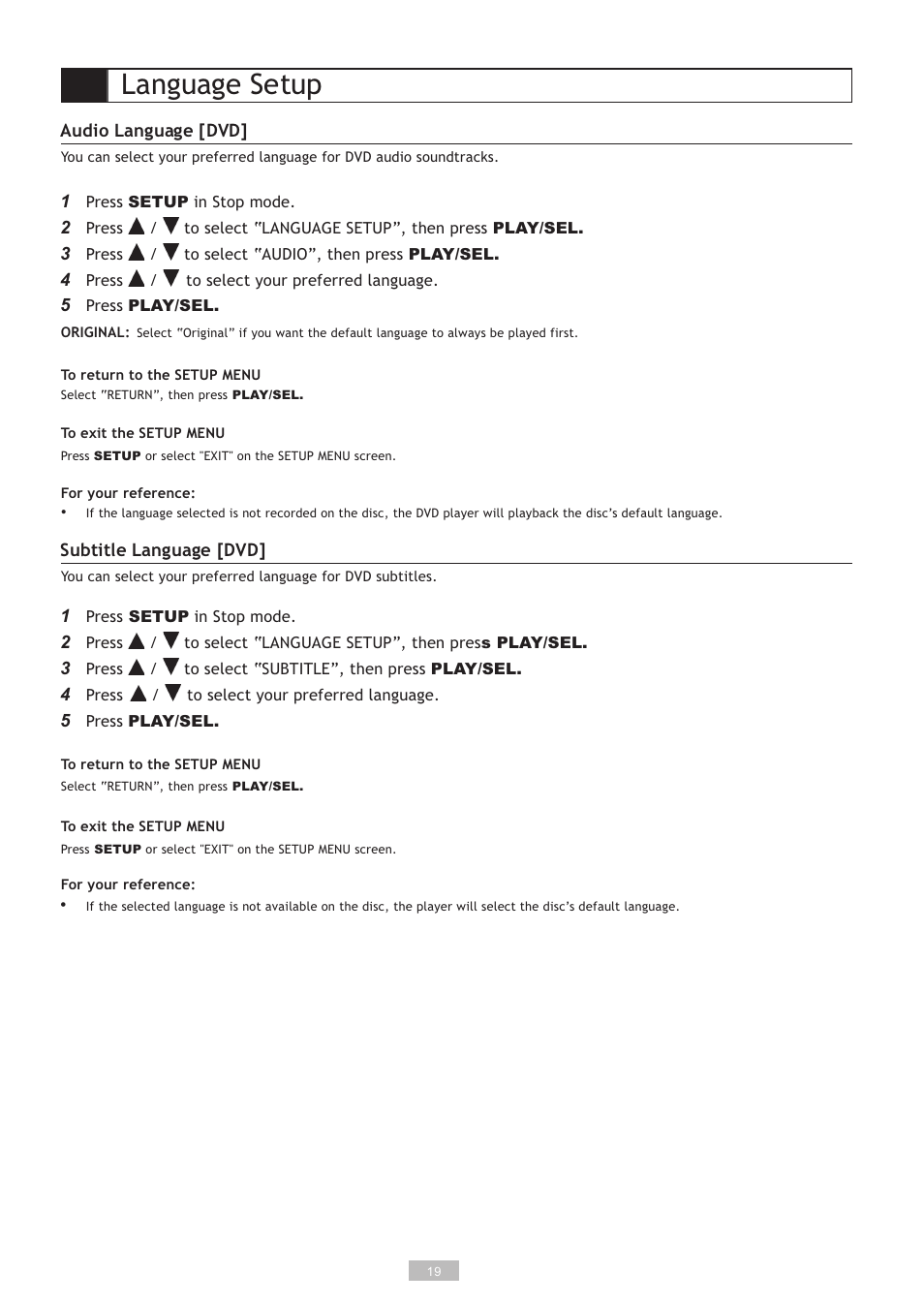 Language setup | GoVideo DP5030 User Manual | Page 19 / 28