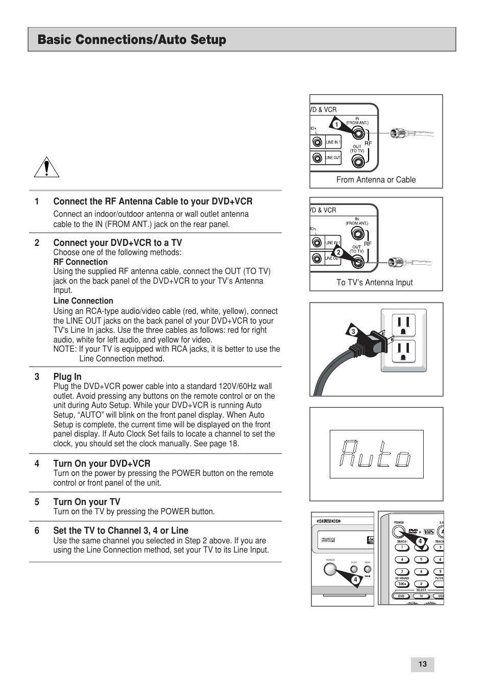 Basic connections/auto setup | GoVideo DV3130 User Manual | Page 13 / 70