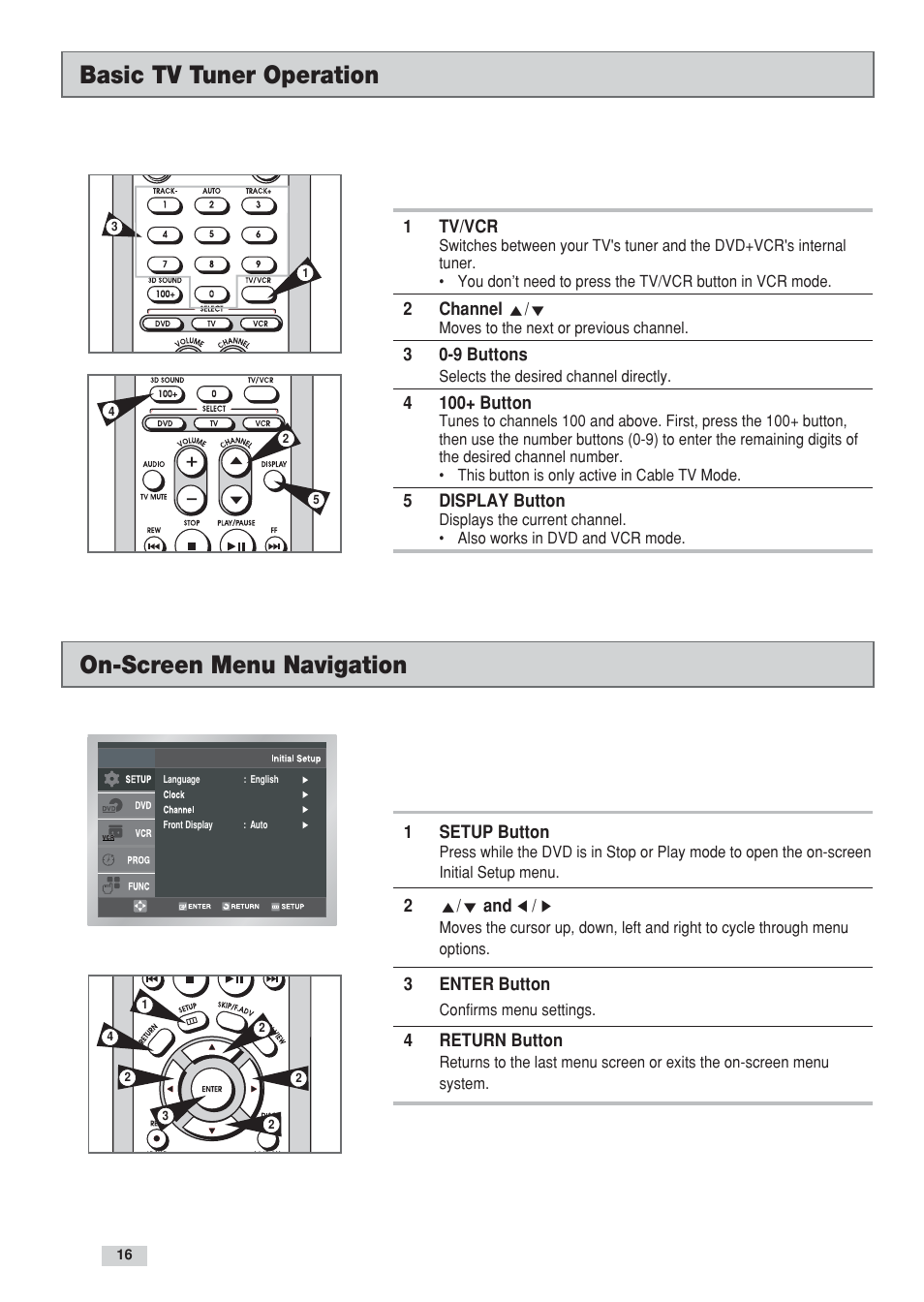 Basic tv tuner operation, On-screen menu navigation | GoVideo DV3130 User Manual | Page 16 / 70