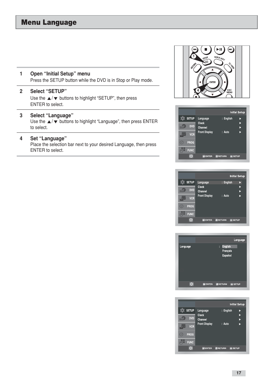 Menu language | GoVideo DV3130 User Manual | Page 17 / 70