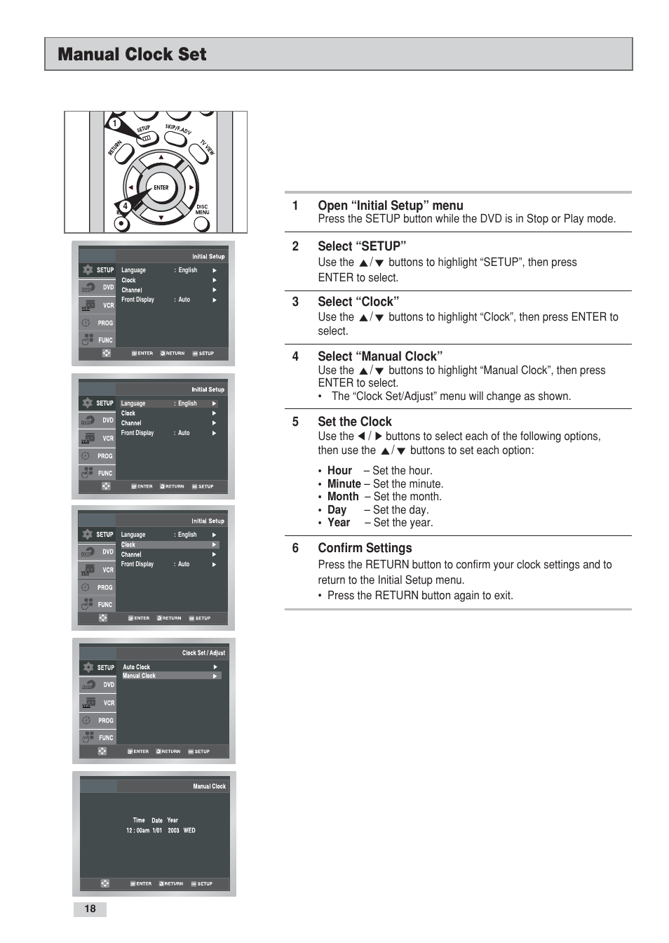 Manual clock set | GoVideo DV3130 User Manual | Page 18 / 70