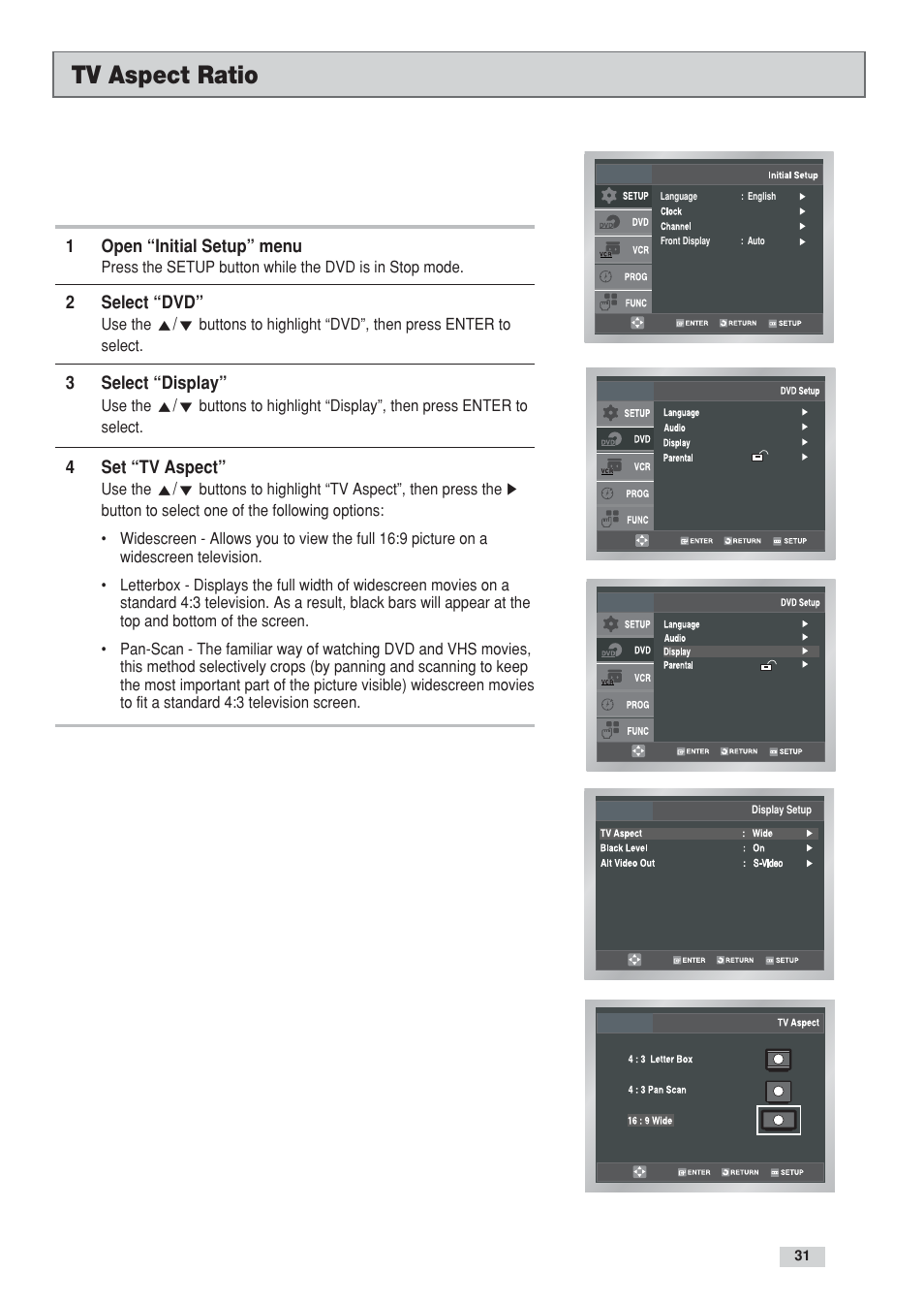 Tv aspect ratio | GoVideo DV3130 User Manual | Page 31 / 70