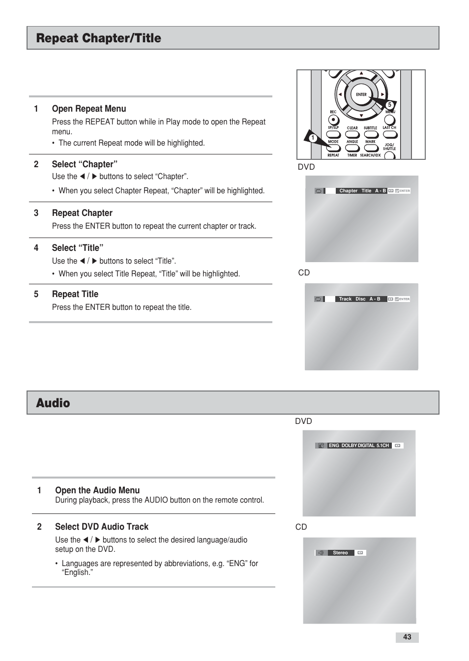 Audio, Repeat chapter/title | GoVideo DV3130 User Manual | Page 43 / 70