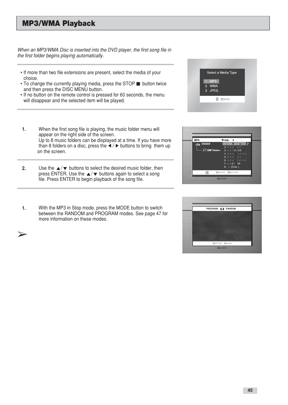 Mp3/wma playback | GoVideo DV3130 User Manual | Page 45 / 70