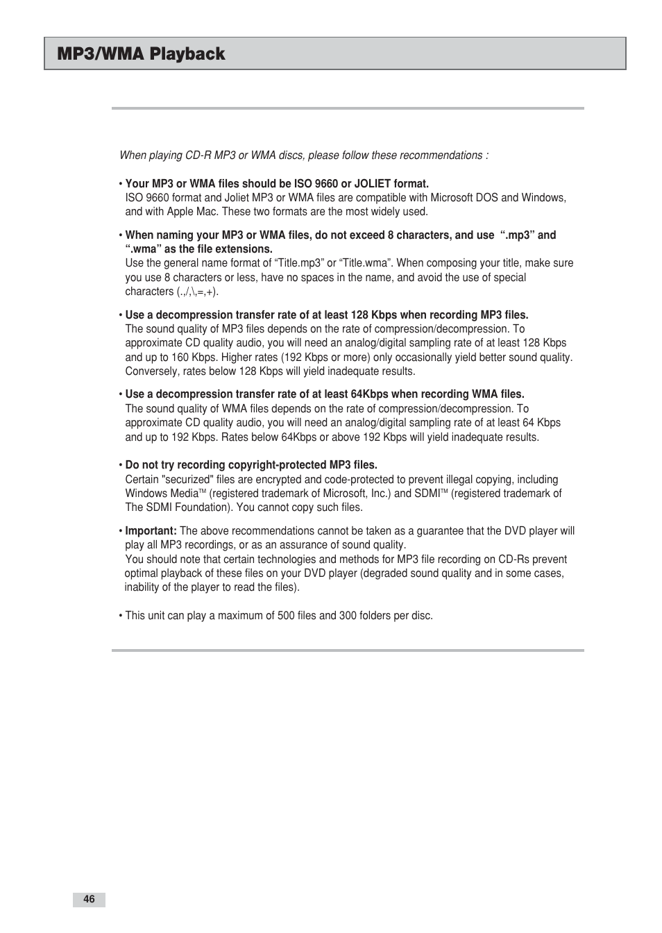 Mp3/wma playback | GoVideo DV3130 User Manual | Page 46 / 70