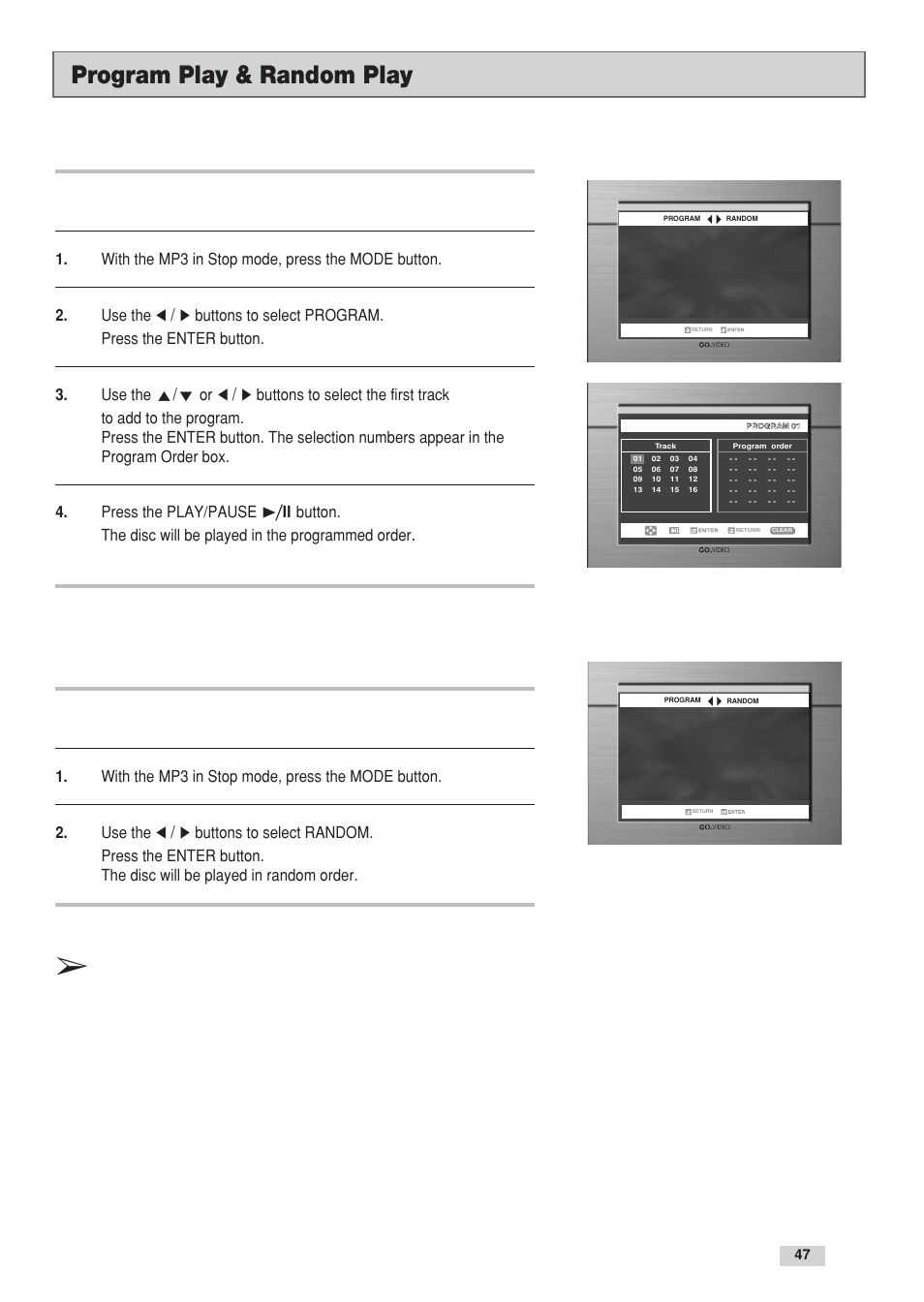 Program play & random play, Program play (cd/mp3/wma), Random play (cd/mp3/wma) | GoVideo DV3130 User Manual | Page 47 / 70