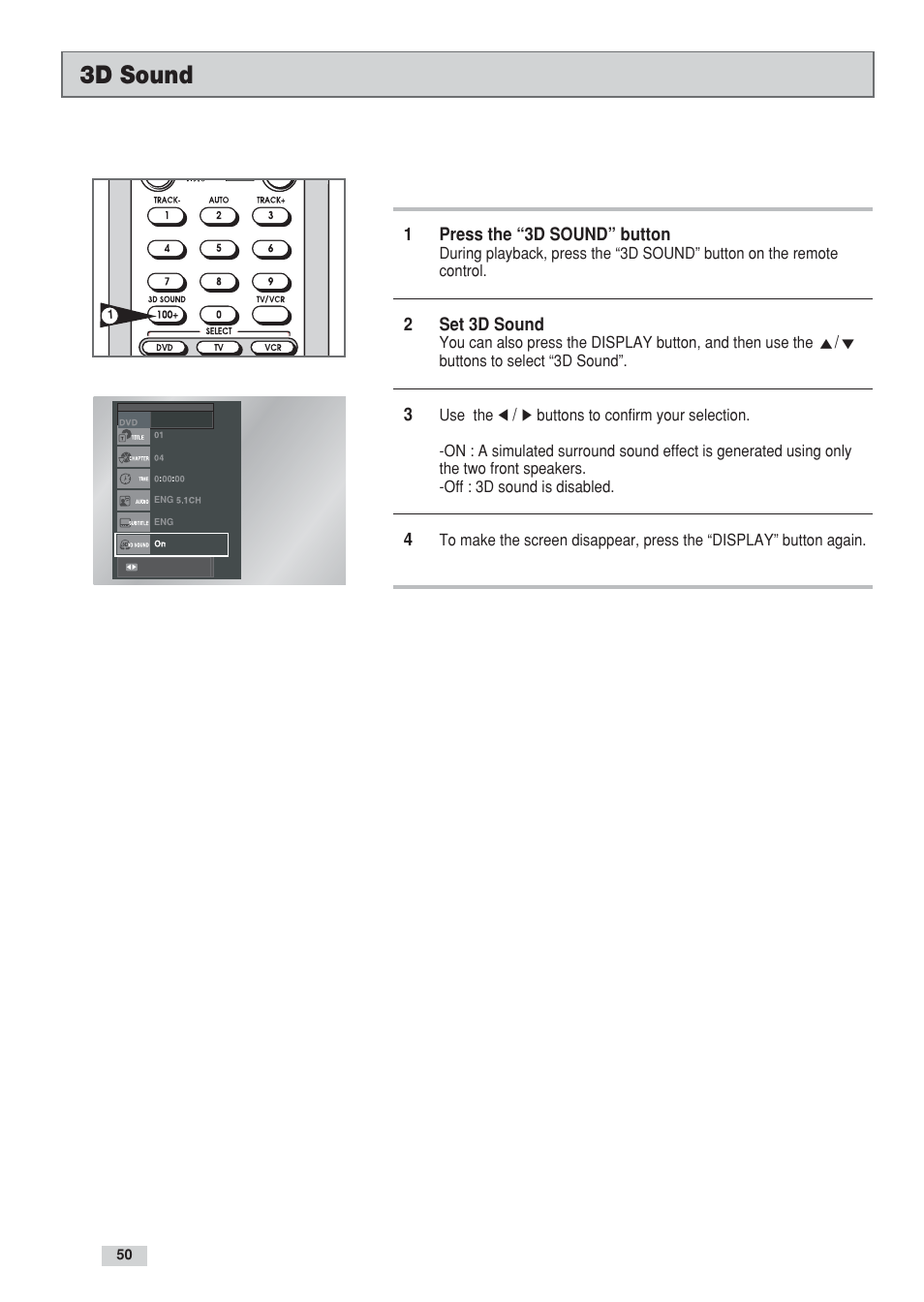 3d sound | GoVideo DV3130 User Manual | Page 50 / 70