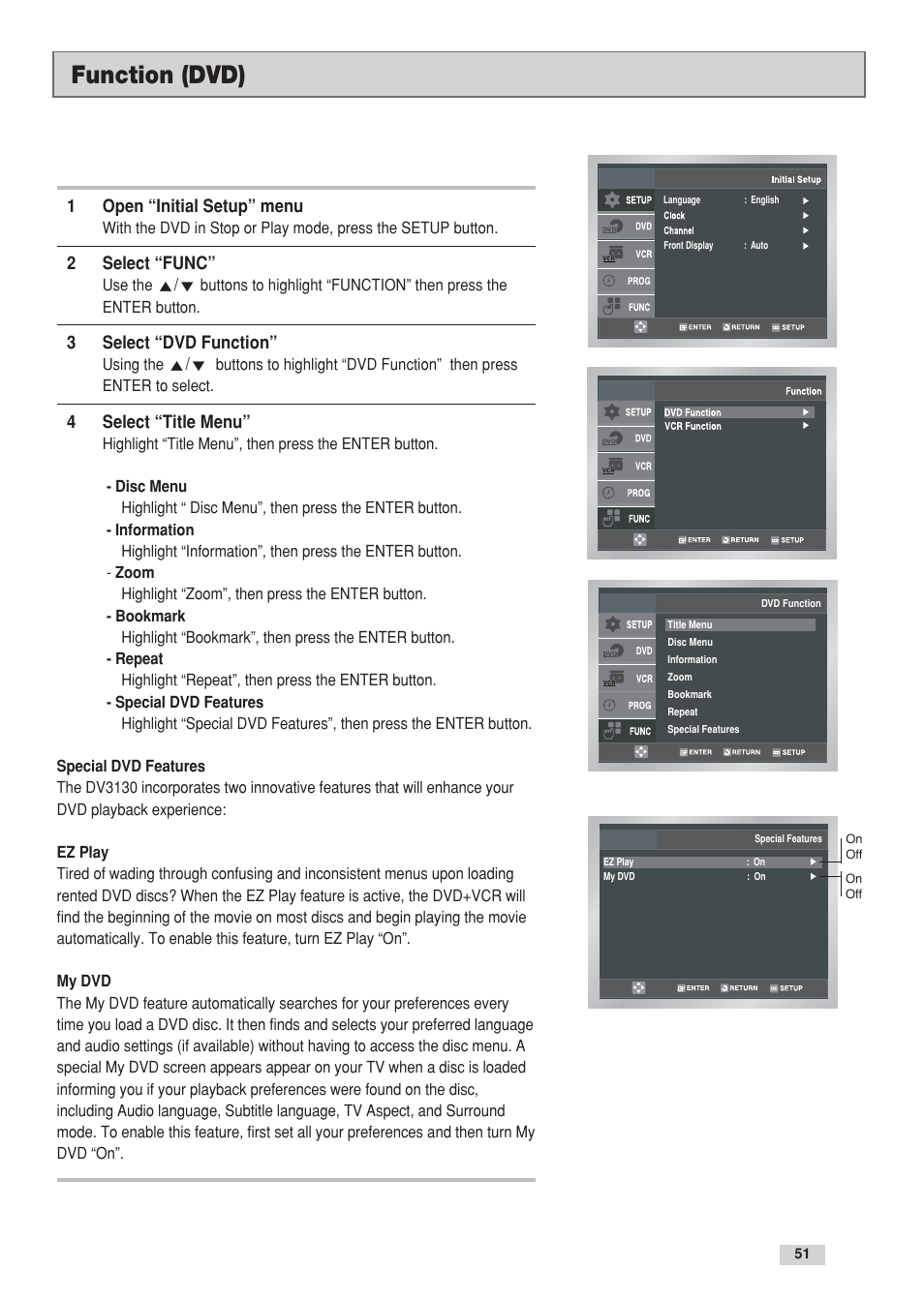 Function (dvd), 1open “initial setup” menu, 2select “func | 3select “dvd function, 4select “title menu | GoVideo DV3130 User Manual | Page 51 / 70