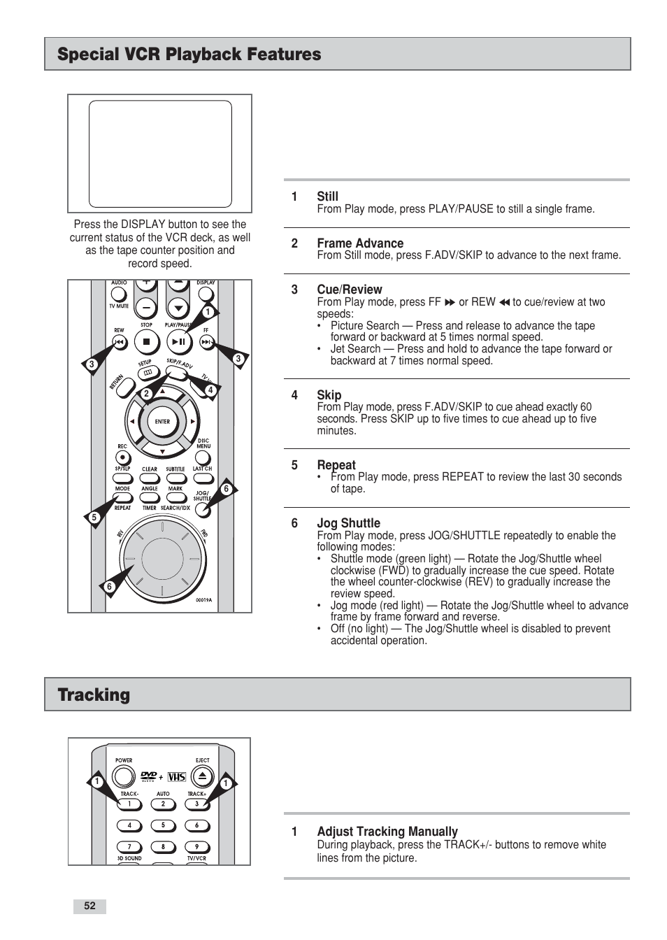 Special vcr playback features, Tracking | GoVideo DV3130 User Manual | Page 52 / 70