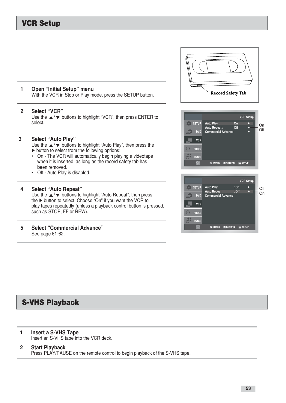 Vcr setup s-vhs playback | GoVideo DV3130 User Manual | Page 53 / 70