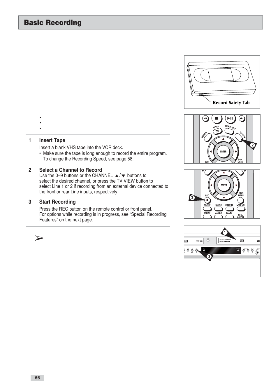Basic recording, 1insert tape, 2select a channel to record | 3start recording | GoVideo DV3130 User Manual | Page 56 / 70