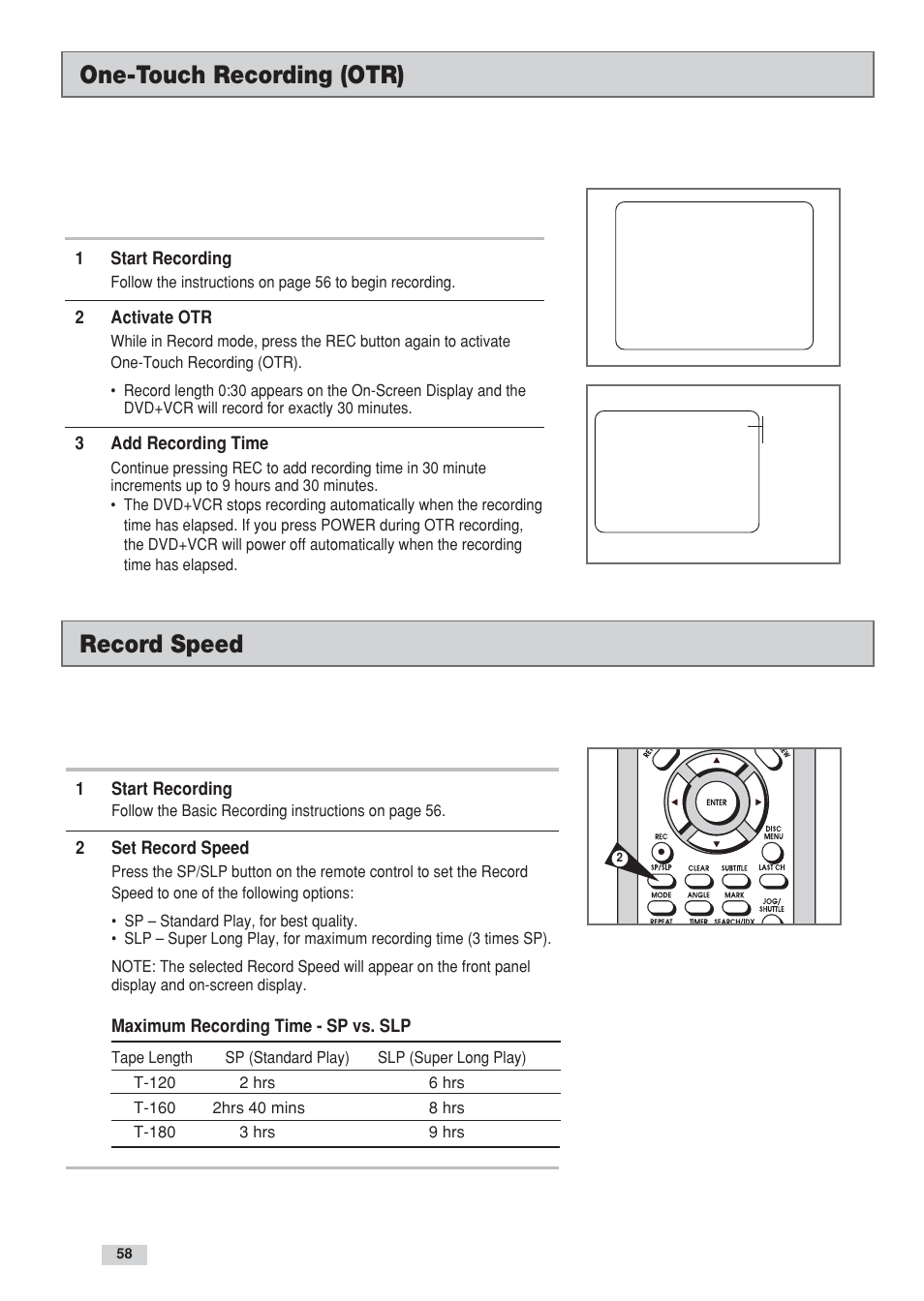 Record speed, One-touch recording (otr) | GoVideo DV3130 User Manual | Page 58 / 70