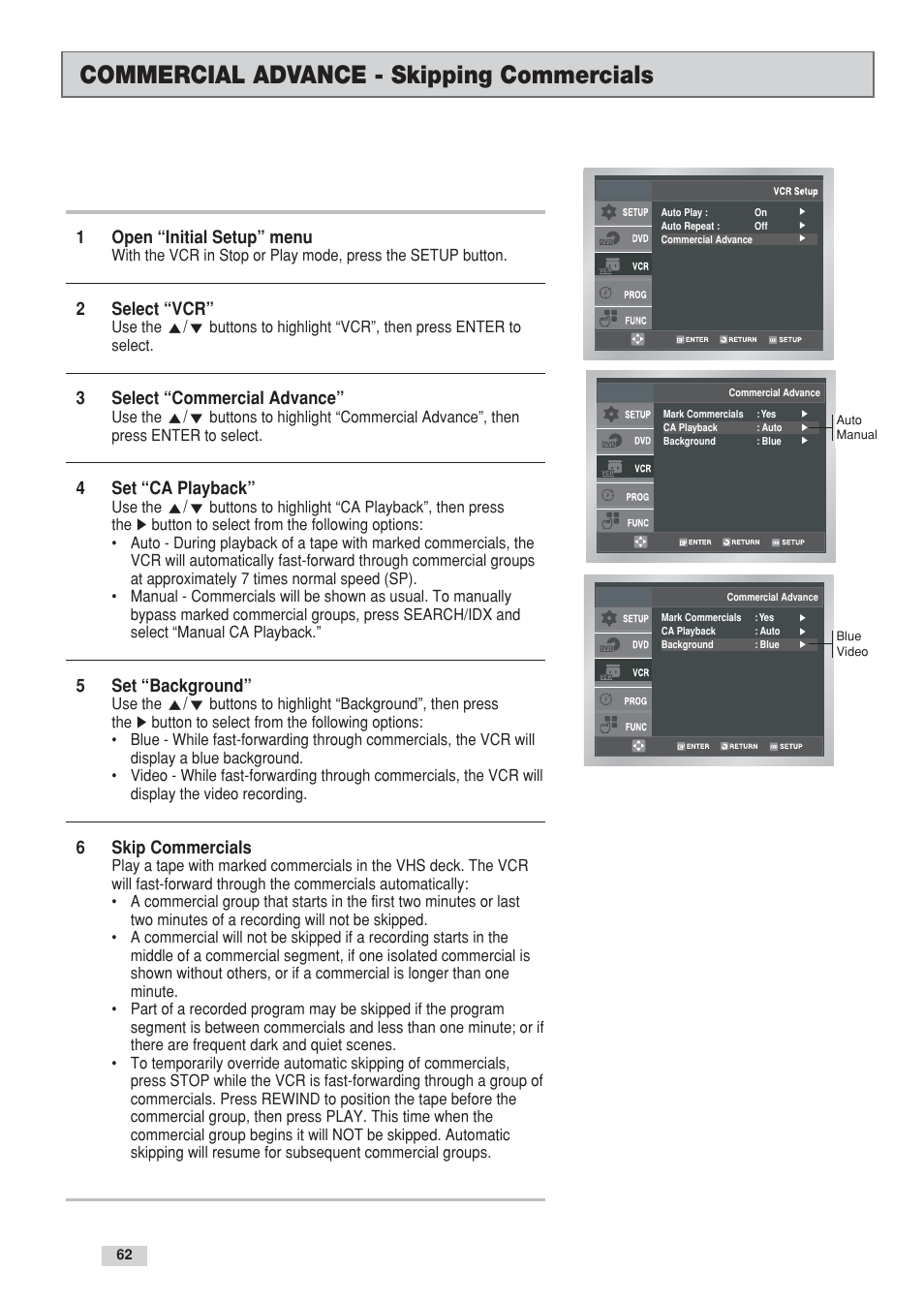 Commercial advance - skipping commercials | GoVideo DV3130 User Manual | Page 62 / 70