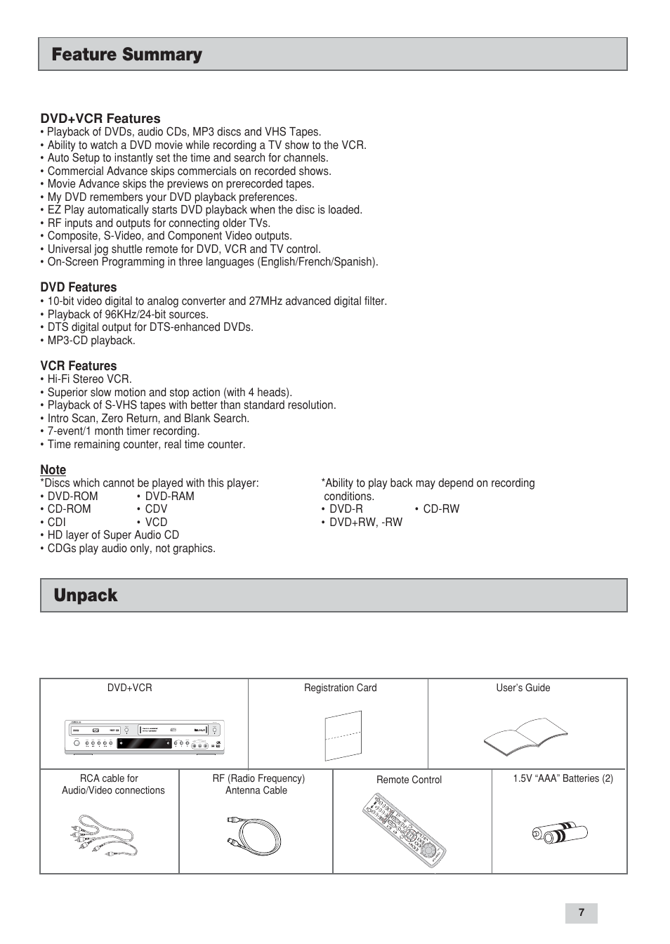 Feature summary, Unpack | GoVideo DV3130 User Manual | Page 7 / 70