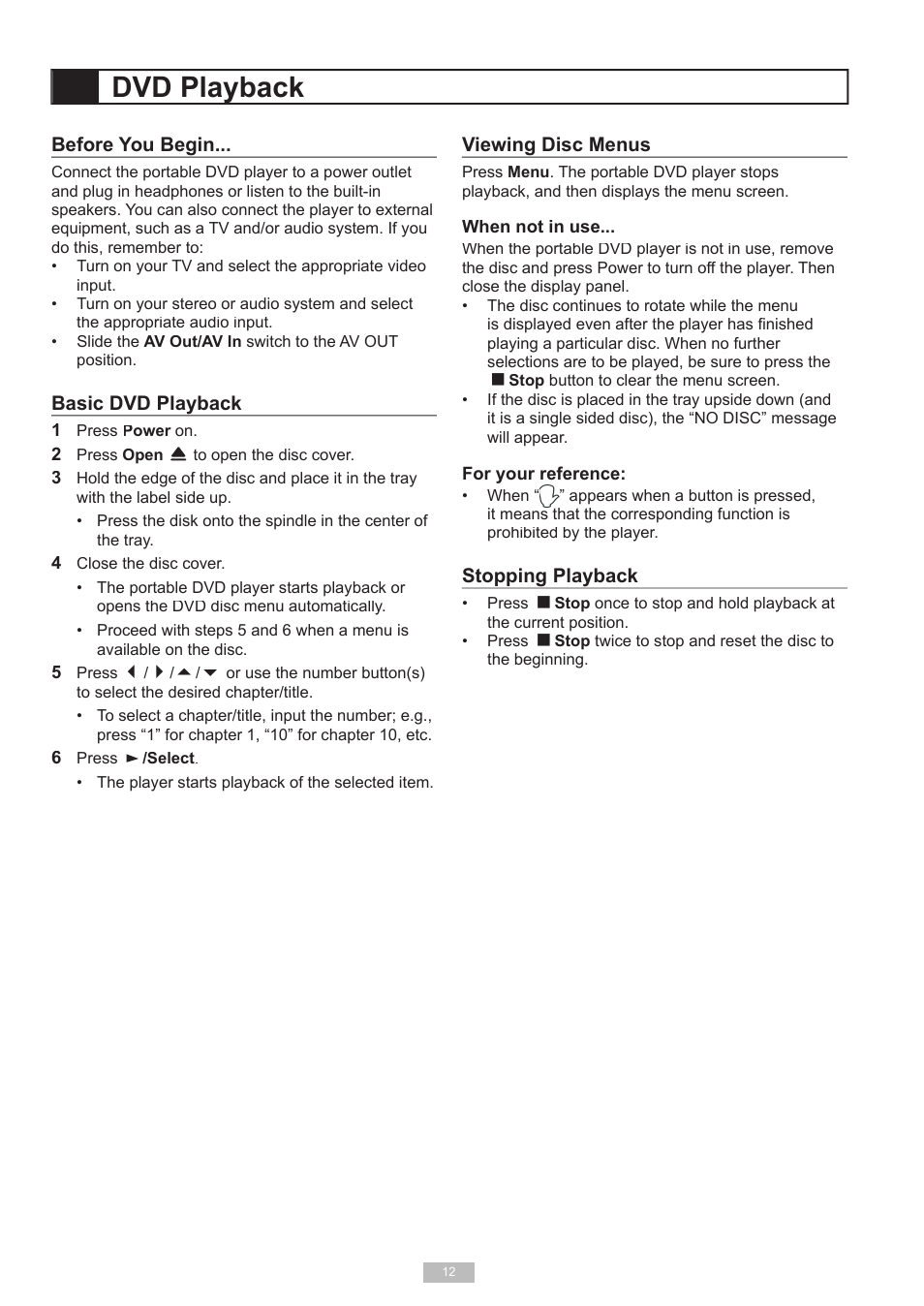 Dvd playback | GoVideo DP6240 User Manual | Page 12 / 32