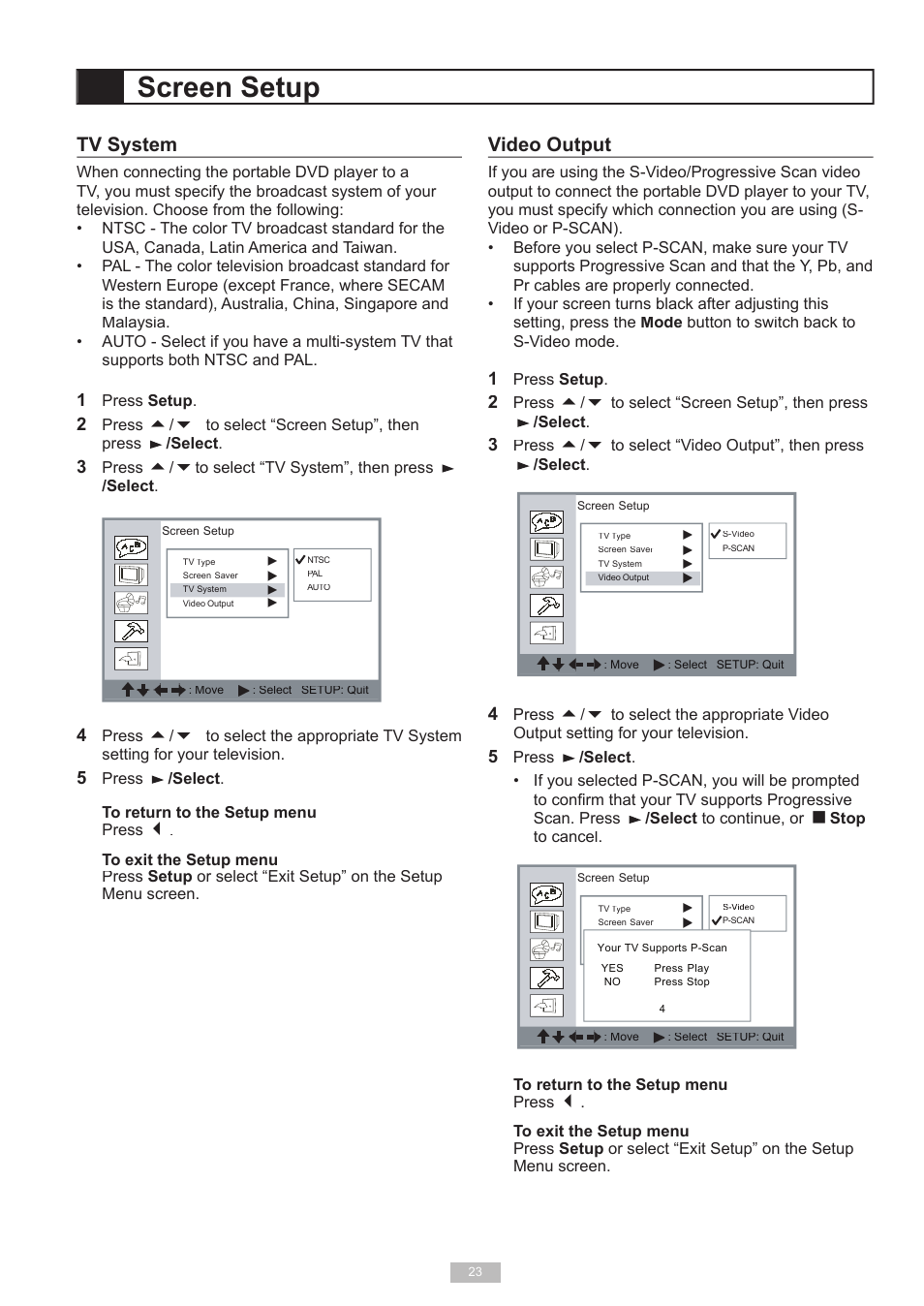 Screen setup, Video output, Tv system | GoVideo DP6240 User Manual | Page 23 / 32