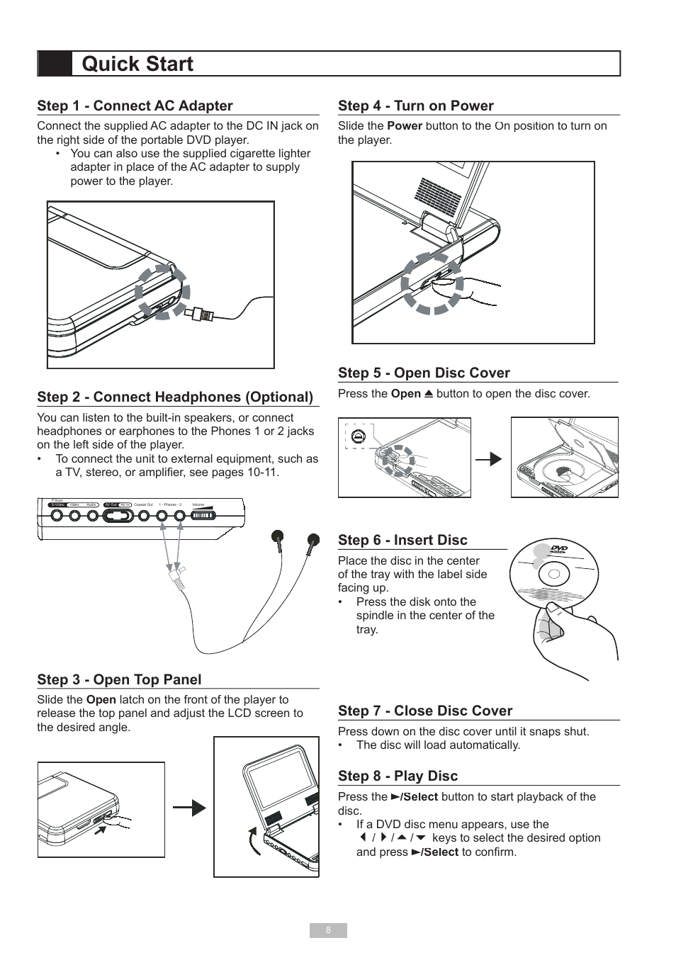 Quick start, Step 1 - connect ac adapter, Step 2 - connect headphones (optional) | Step 3 - open top panel, Step 4 - turn on power, Step 5 - open disc cover, Step 6 - insert disc, Step 7 - close disc cover, Step 8 - play disc | GoVideo DP6240 User Manual | Page 8 / 32