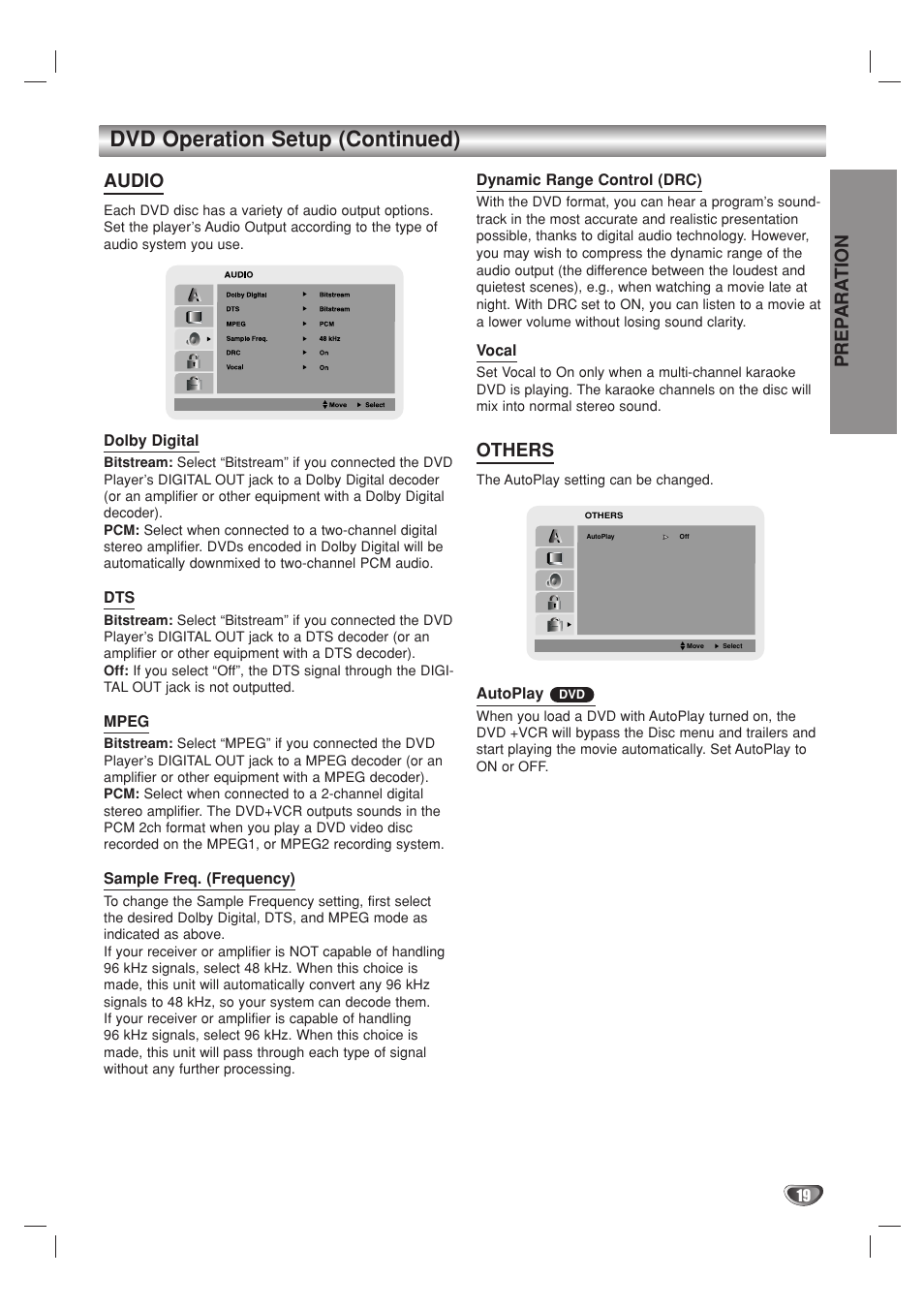 Dvd operation setup (continued), Prep ara tion, Audio | Others | GoVideo DV1140 User Manual | Page 19 / 40