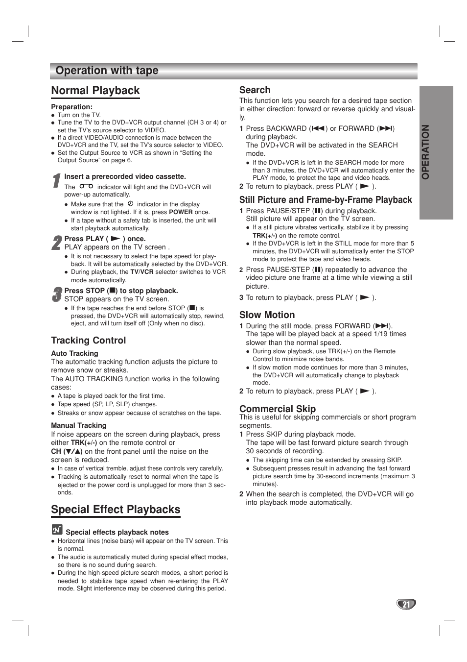 Operation with tape, Normal playback, Special effect playbacks | GoVideo DV1140 User Manual | Page 21 / 40