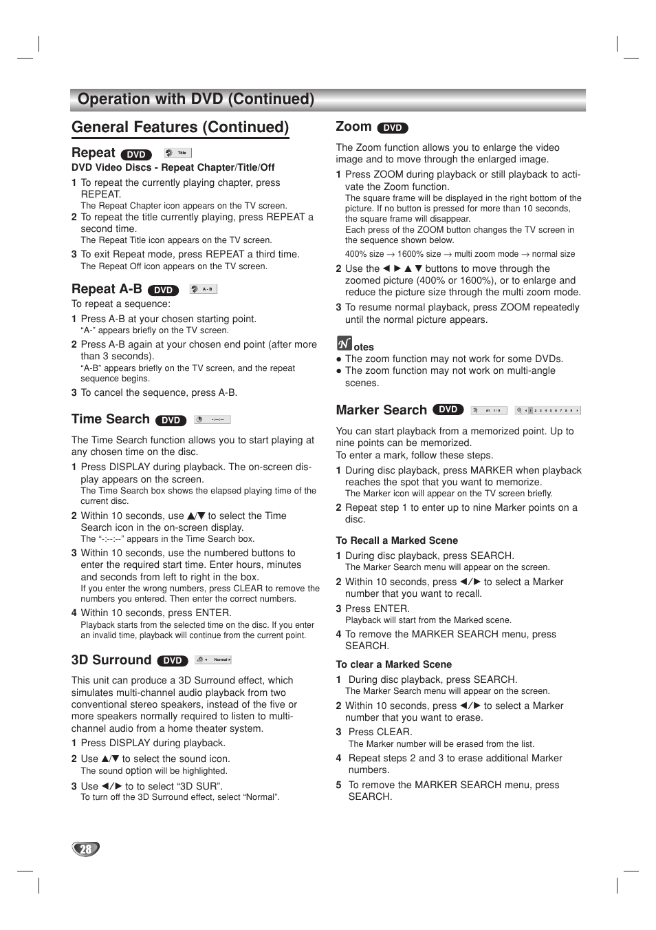 Repeat, Repeat a-b, Time search | 3d surround, Zoom, Marker search | GoVideo DV1140 User Manual | Page 28 / 40