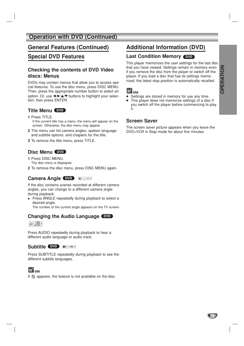 Additional information (dvd), Opera tion, Checking the contents of dvd video discs: menus | Title menu, Disc menu, Camera angle, Changing the audio language, Subtitle, Screen saver | GoVideo DV1140 User Manual | Page 29 / 40