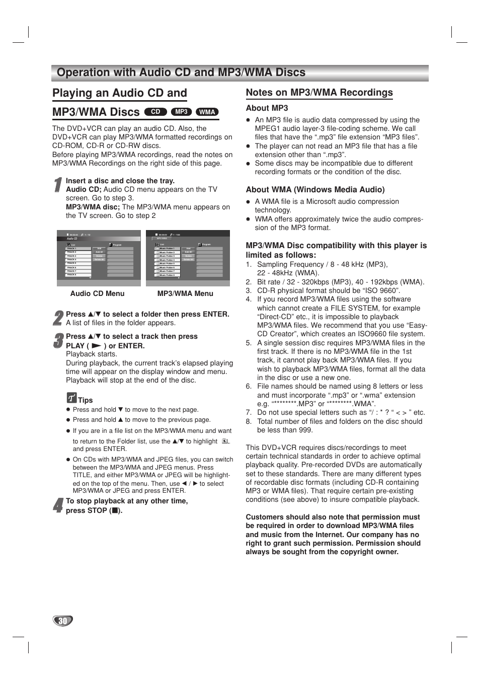 About mp3, About wma (windows media audio) | GoVideo DV1140 User Manual | Page 30 / 40