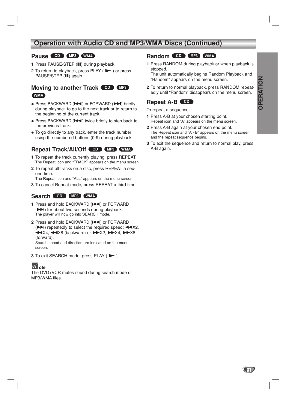 Opera tion, Pause, Moving to another track | Repeat track/all/off, Search, Random, Repeat a-b | GoVideo DV1140 User Manual | Page 31 / 40