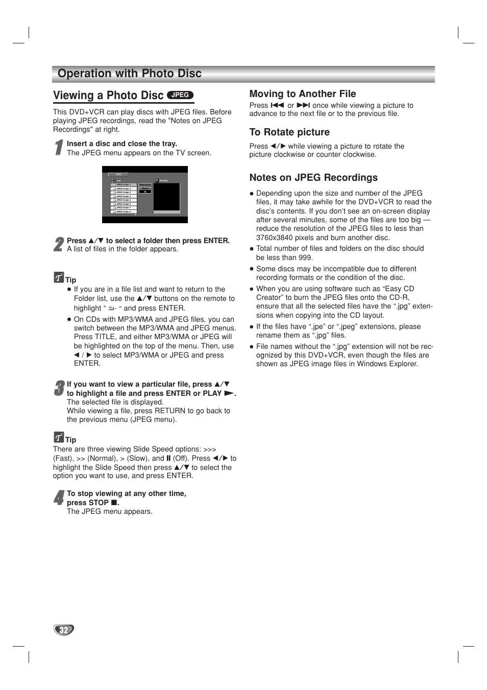 Operation with photo disc viewing a photo disc, Moving to another file | GoVideo DV1140 User Manual | Page 32 / 40