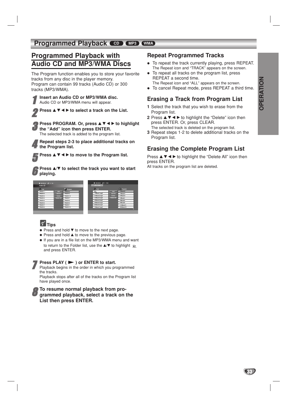 Programmed playback, Repeat programmed tracks, Erasing a track from program list | Erasing the complete program list, Opera tion | GoVideo DV1140 User Manual | Page 33 / 40