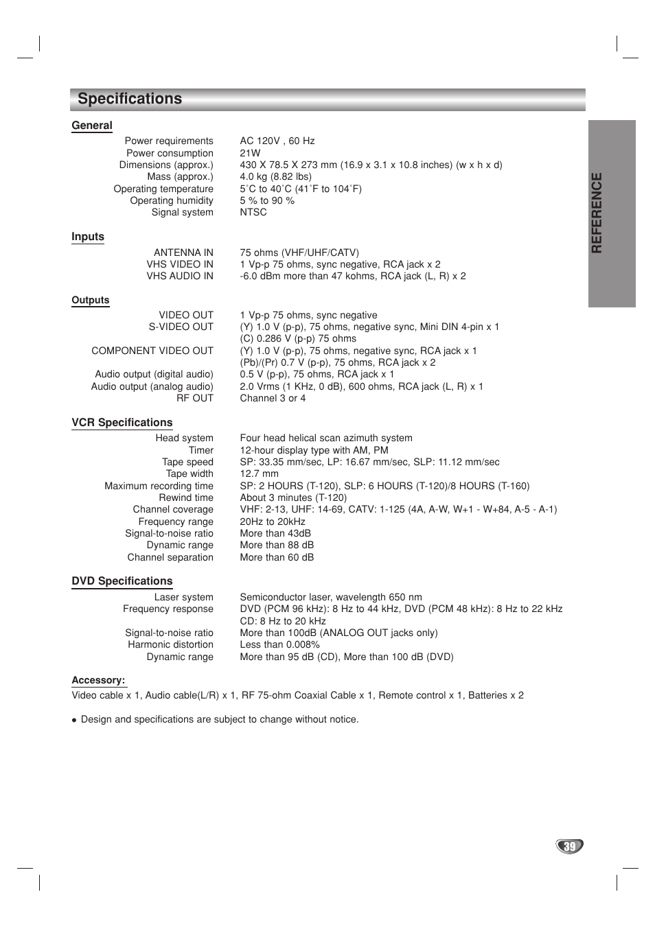 Specifications, Reference | GoVideo DV1140 User Manual | Page 39 / 40