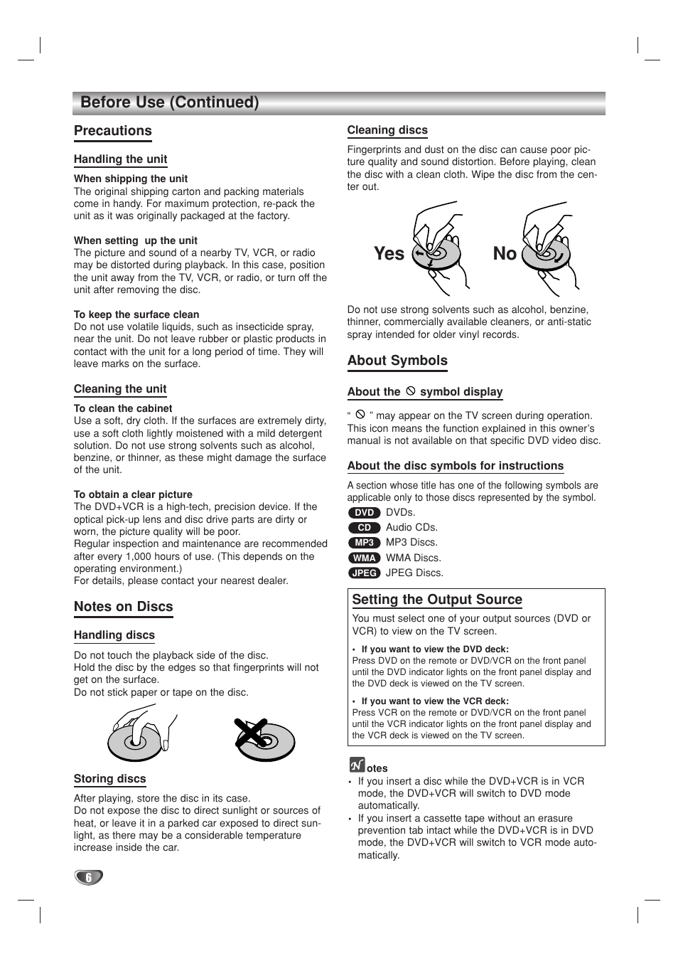 No yes, Before use (continued), Precautions | About symbols, Setting the output source | GoVideo DV1140 User Manual | Page 6 / 40