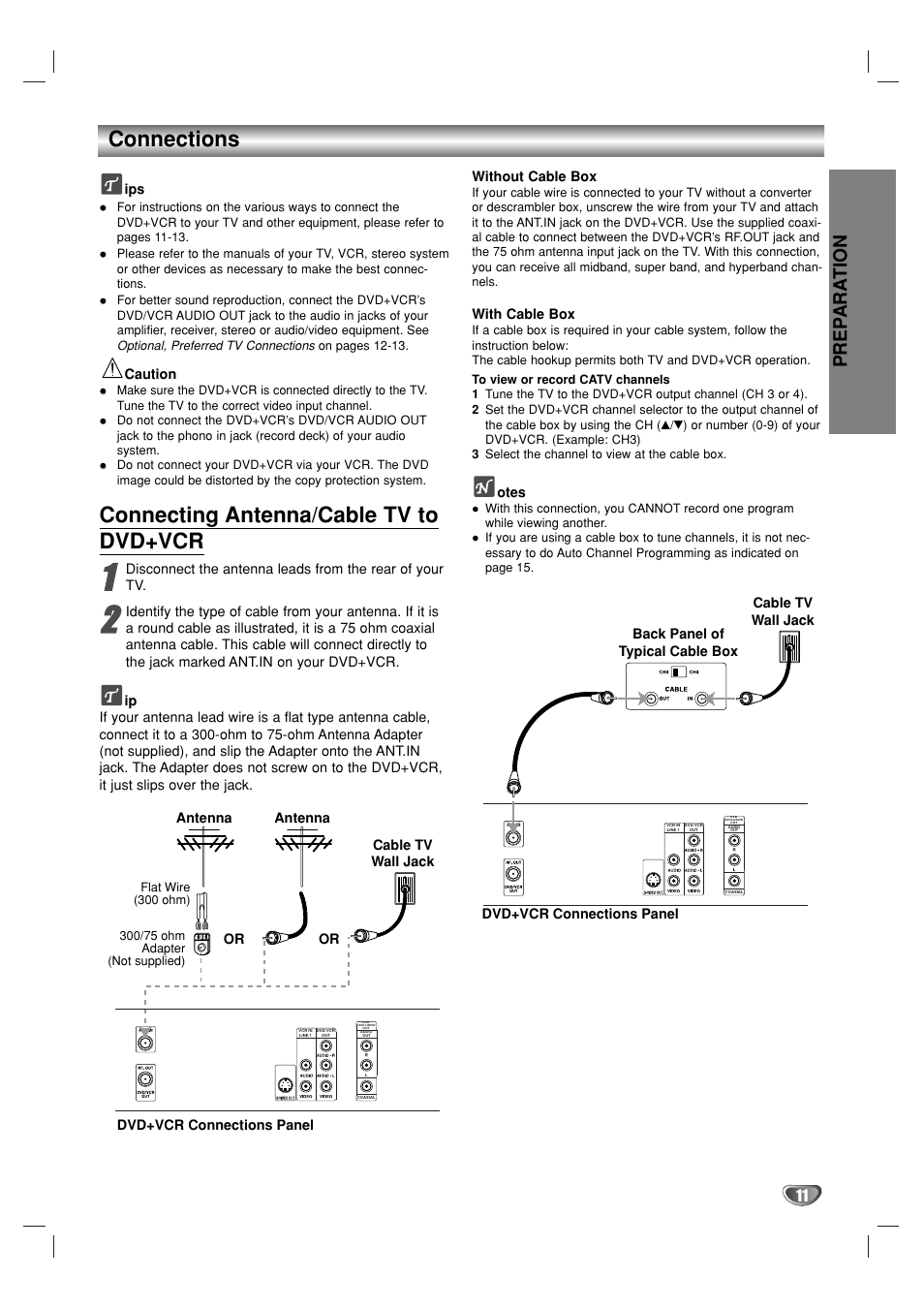 Connections, Connecting antenna/cable tv to dvd+vcr, Prep ara tion | GoVideo DVR1000 User Manual | Page 11 / 38
