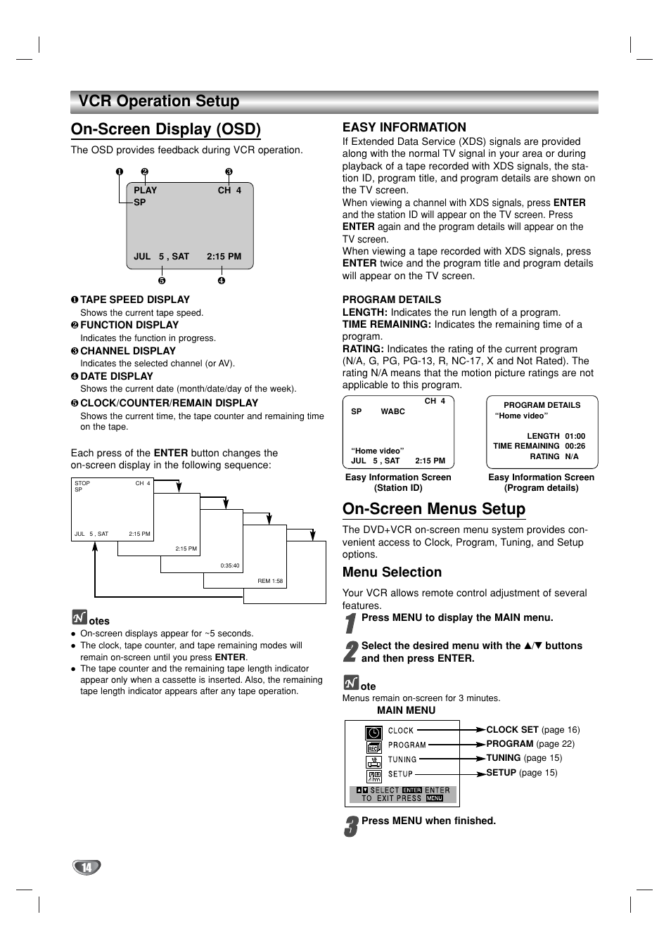 On-screen display (osd), On-screen menus setup, Vcr operation setup | Menu selection | GoVideo DVR1000 User Manual | Page 14 / 38