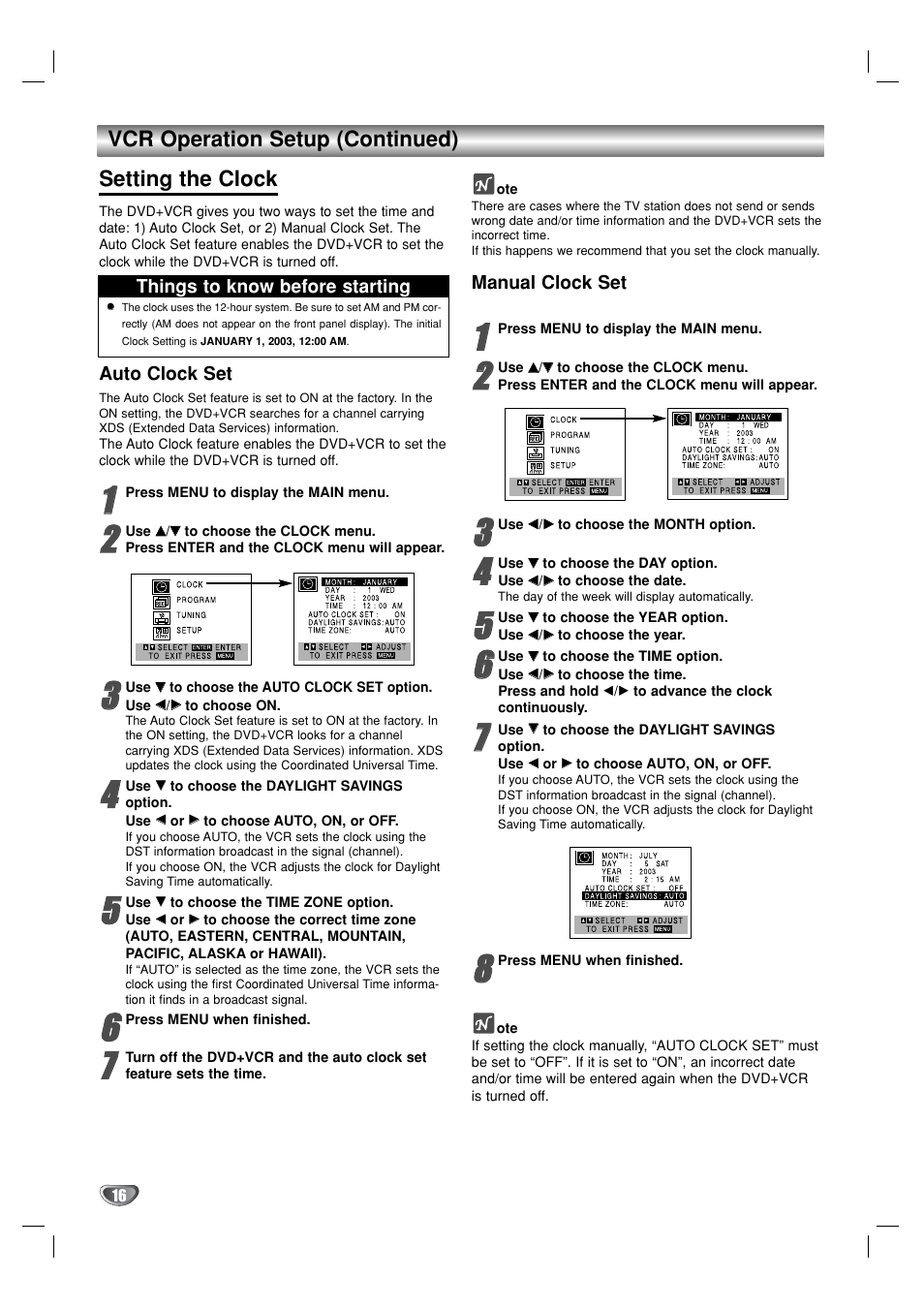 Vcr operation setup (continued) setting the clock | GoVideo DVR1000 User Manual | Page 16 / 38