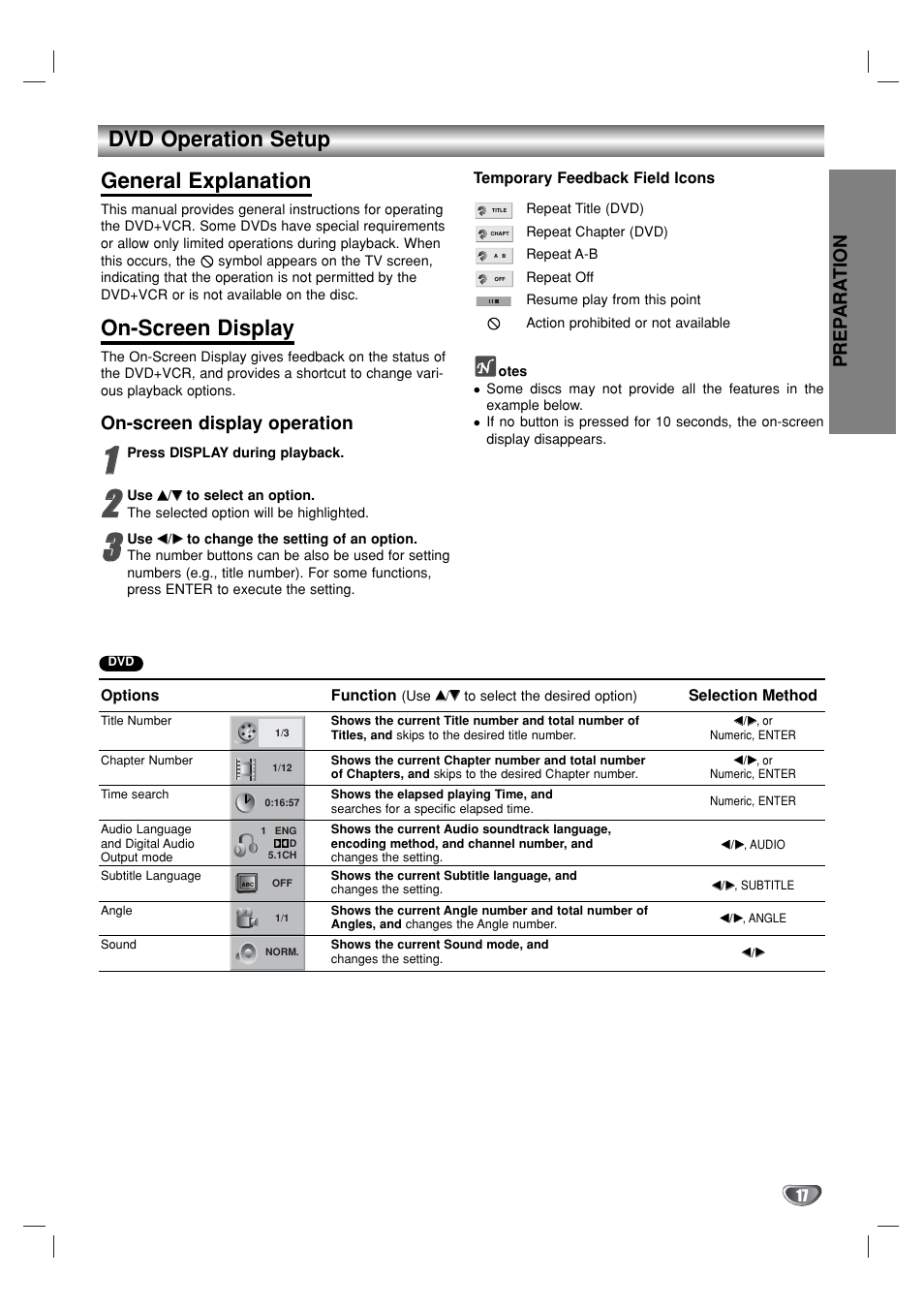 Dvd operation setup general explanation, On-screen display, Prep ara tion | On-screen display operation | GoVideo DVR1000 User Manual | Page 17 / 38
