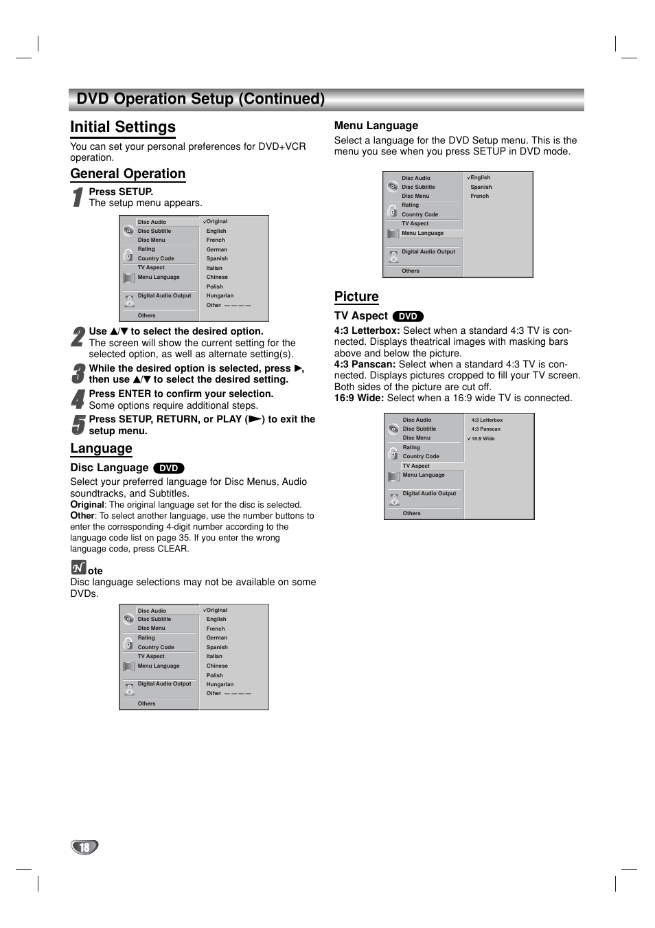 Dvd operation setup (continued) initial settings, General operation, Language | Picture, Disc language, Menu language, Tv aspect | GoVideo DVR1000 User Manual | Page 18 / 38