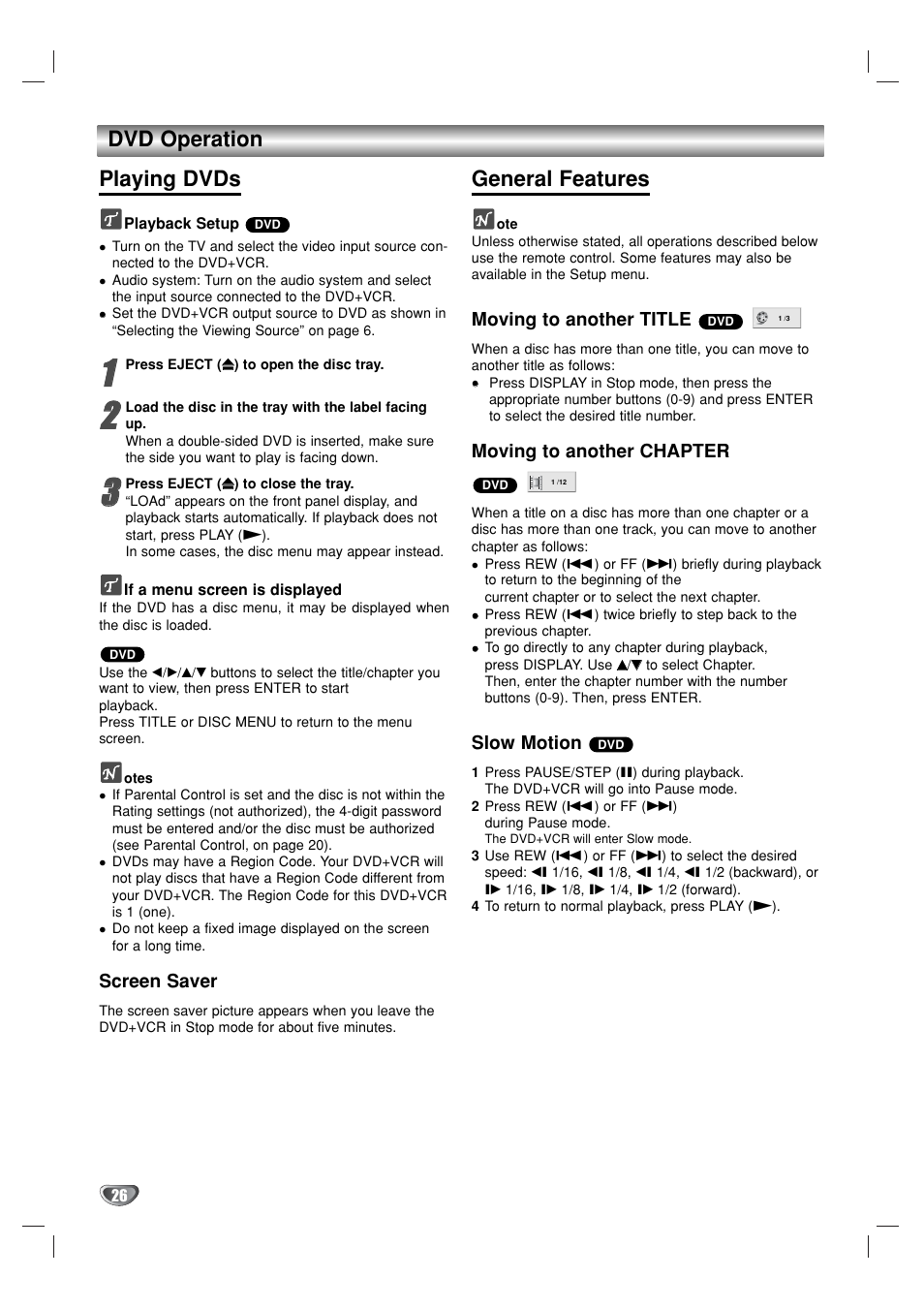 Dvd operation playing dvds, General features | GoVideo DVR1000 User Manual | Page 26 / 38