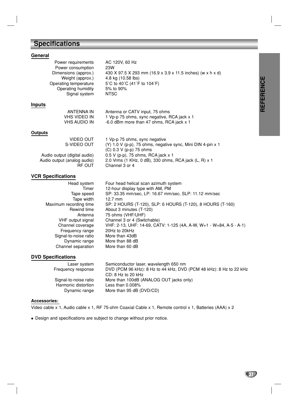 Specifications, Reference | GoVideo DVR1000 User Manual | Page 37 / 38