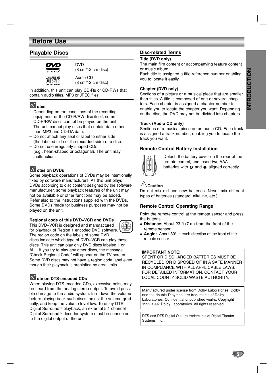 Before use, Introduction, Playable discs | GoVideo DVR1000 User Manual | Page 5 / 38